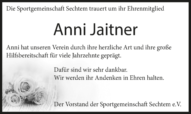  Traueranzeige für Anni Jaitner vom 09.10.2020 aus  Schaufenster/Blickpunkt 