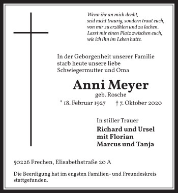 Anzeige von Anni Meyer von  Wochenende 
