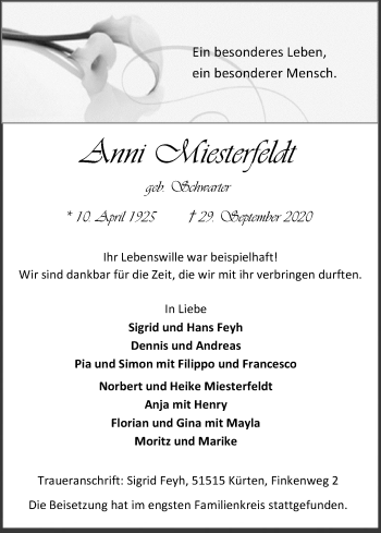 Anzeige von Anni Miesterfeldt von Kölner Stadt-Anzeiger / Kölnische Rundschau / Express