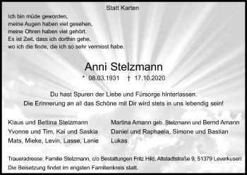 Anzeige von Anni Stelzmann von Kölner Stadt-Anzeiger / Kölnische Rundschau / Express