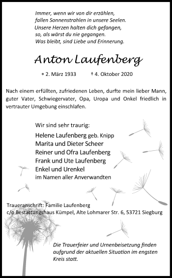 Anzeige von Anton Laufenberg von Kölner Stadt-Anzeiger / Kölnische Rundschau / Express