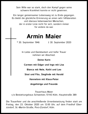 Anzeige von Armin Maier von Kölner Stadt-Anzeiger / Kölnische Rundschau / Express