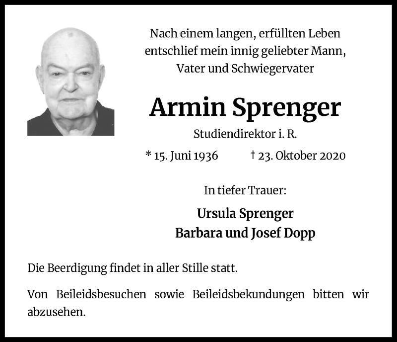  Traueranzeige für Armin Sprenger vom 31.10.2020 aus Kölner Stadt-Anzeiger / Kölnische Rundschau / Express