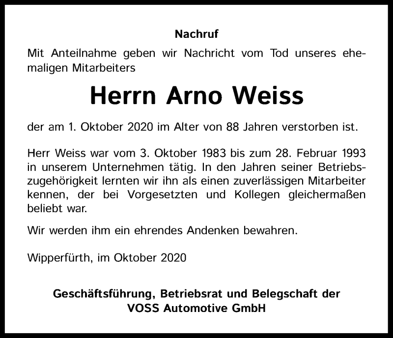  Traueranzeige für Arno Weiss vom 08.10.2020 aus Kölner Stadt-Anzeiger / Kölnische Rundschau / Express