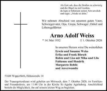 Anzeige von Arno Adolf Weiss von Kölner Stadt-Anzeiger / Kölnische Rundschau / Express
