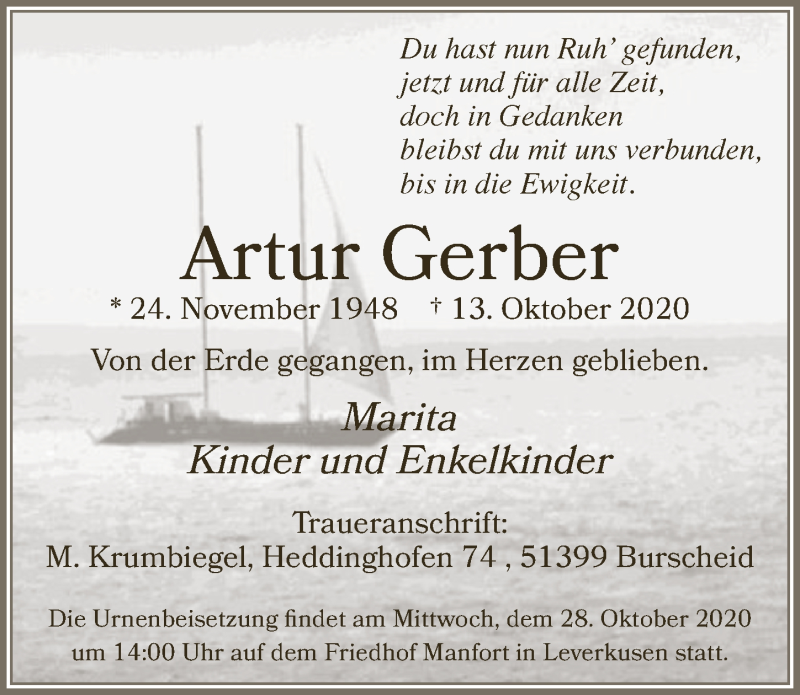 Traueranzeige für Artur Gerber vom 23.10.2020 aus  Lokale Informationen 