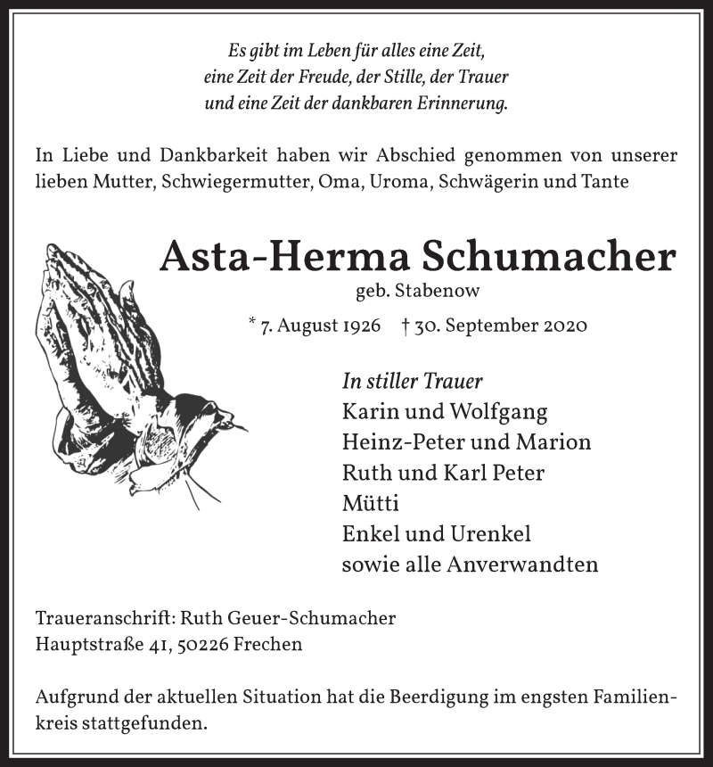  Traueranzeige für Asta-Herma Schumacher vom 16.10.2020 aus  Wochenende 