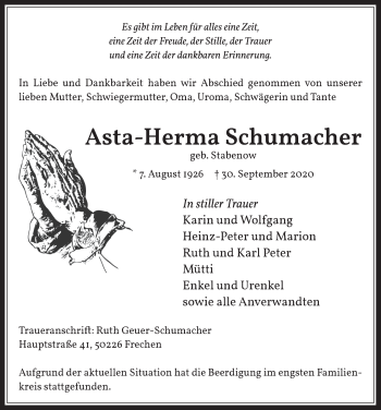 Anzeige von Asta-Herma Schumacher von  Wochenende 