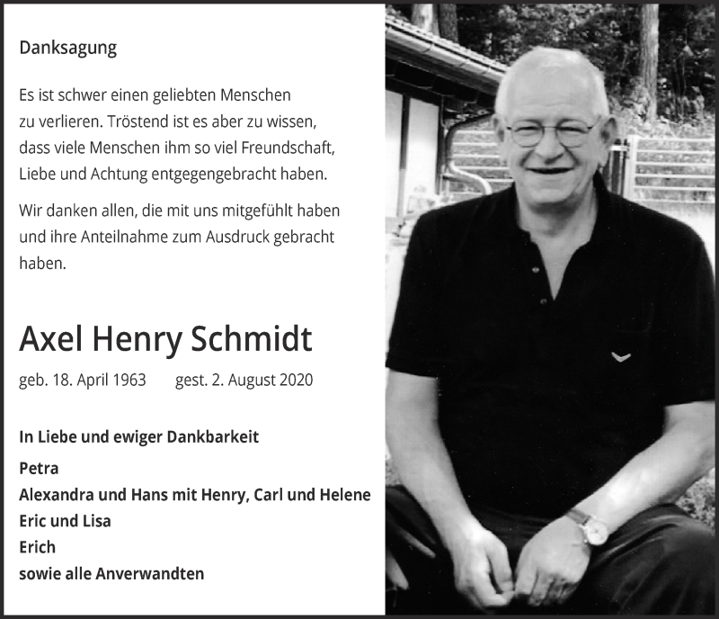  Traueranzeige für Axel Henry Schmidt vom 26.09.2020 aus  Blickpunkt Euskirchen 