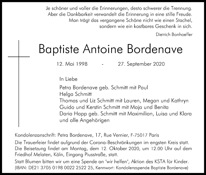  Traueranzeige für Baptiste Antoine Bordenave vom 10.10.2020 aus Kölner Stadt-Anzeiger / Kölnische Rundschau / Express
