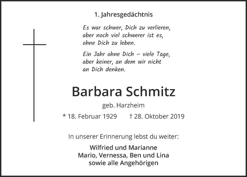  Traueranzeige für Barbara Schmitz vom 31.10.2020 aus  Blickpunkt Euskirchen 