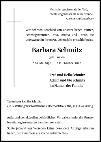 Anzeige von Barbara Schmitz von Kölner Stadt-Anzeiger / Kölnische Rundschau / Express
