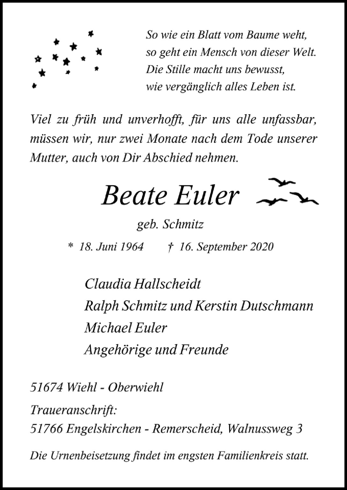  Traueranzeige für Beate Euler vom 09.10.2020 aus  Anzeigen Echo 