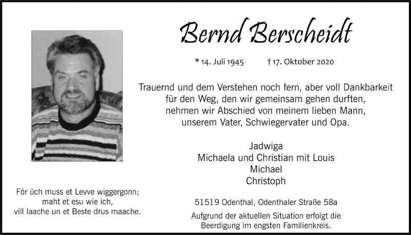  Traueranzeige für Bernd Berscheidt vom 23.10.2020 aus  Bergisches Handelsblatt 