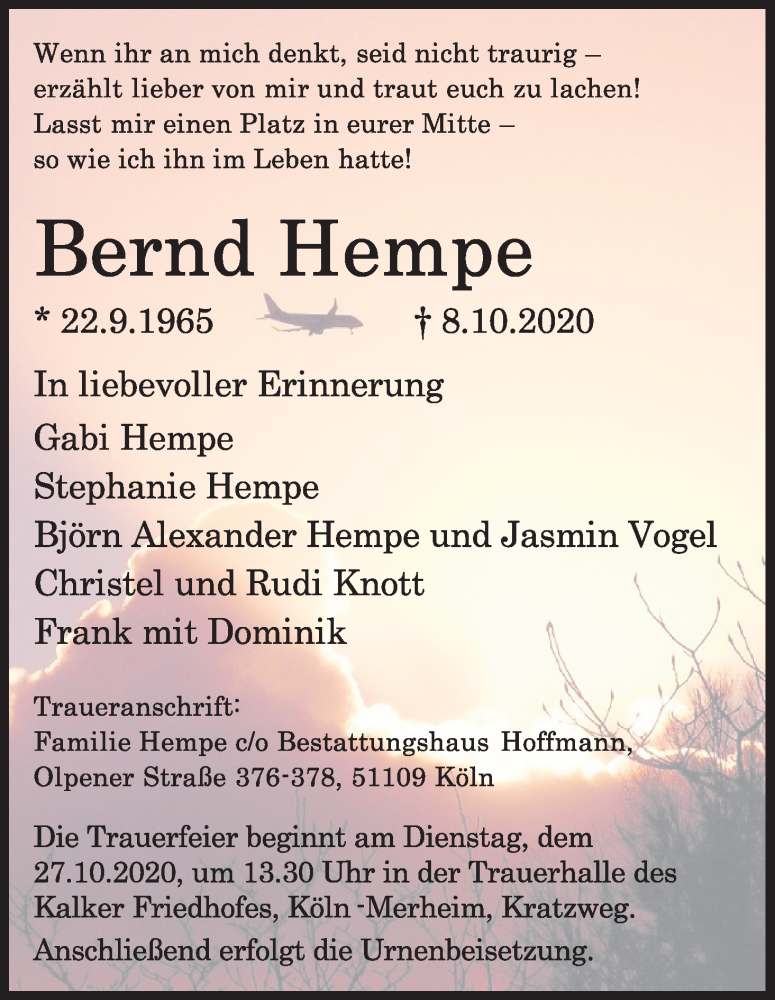  Traueranzeige für Bernd Hempe vom 24.10.2020 aus Kölner Stadt-Anzeiger / Kölnische Rundschau / Express