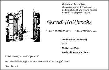 Anzeige von Bernd Hollbach von  Bergisches Handelsblatt 