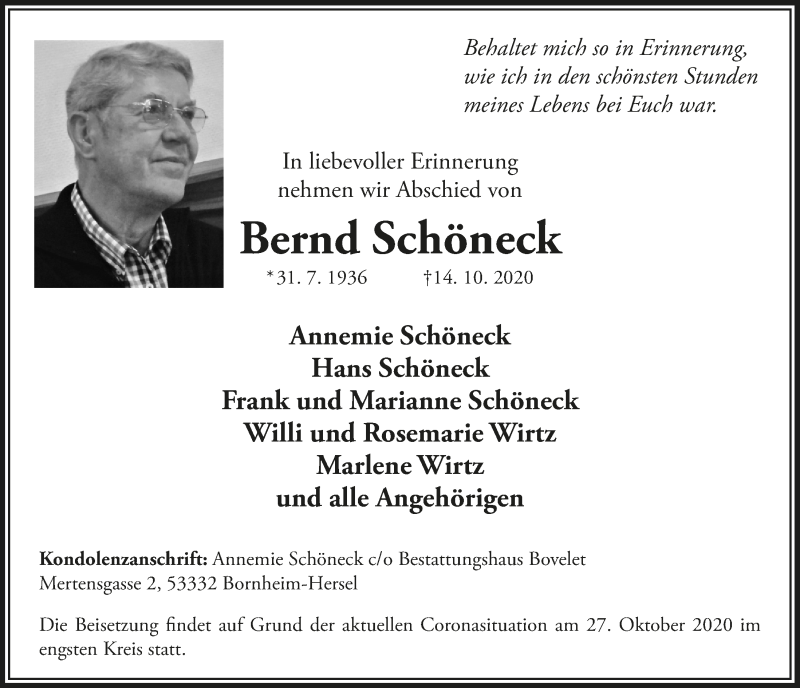  Traueranzeige für Bernd Schöneck vom 23.10.2020 aus  Schaufenster/Blickpunkt 