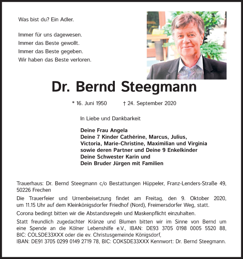  Traueranzeige für Bernd Steegmann vom 03.10.2020 aus Kölner Stadt-Anzeiger / Kölnische Rundschau / Express