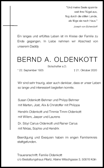 Anzeige von Bernd A.  Oldenkott von Kölner Stadt-Anzeiger / Kölnische Rundschau / Express