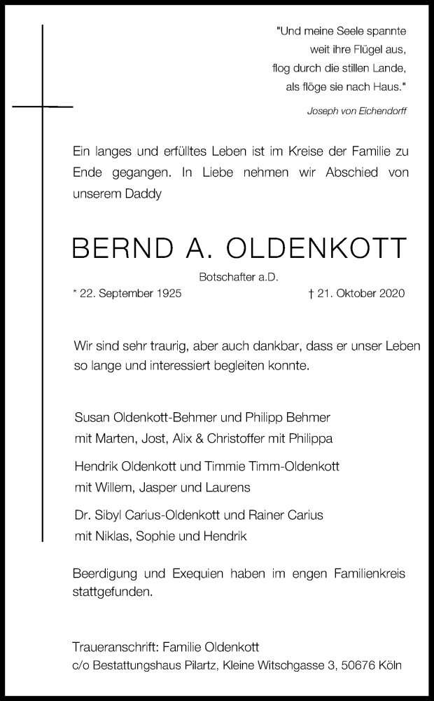  Traueranzeige für Bernd A.  Oldenkott vom 31.10.2020 aus Kölner Stadt-Anzeiger / Kölnische Rundschau / Express