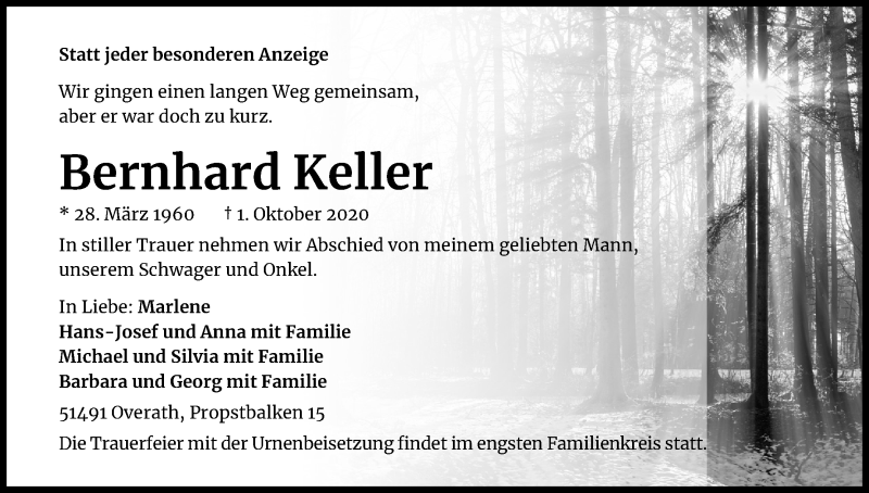  Traueranzeige für Bernhard Keller vom 10.10.2020 aus Kölner Stadt-Anzeiger / Kölnische Rundschau / Express