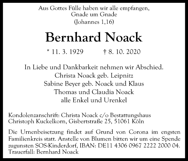  Traueranzeige für Bernhard Noack vom 24.10.2020 aus Kölner Stadt-Anzeiger / Kölnische Rundschau / Express