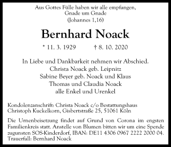 Anzeige von Bernhard Noack von Kölner Stadt-Anzeiger / Kölnische Rundschau / Express