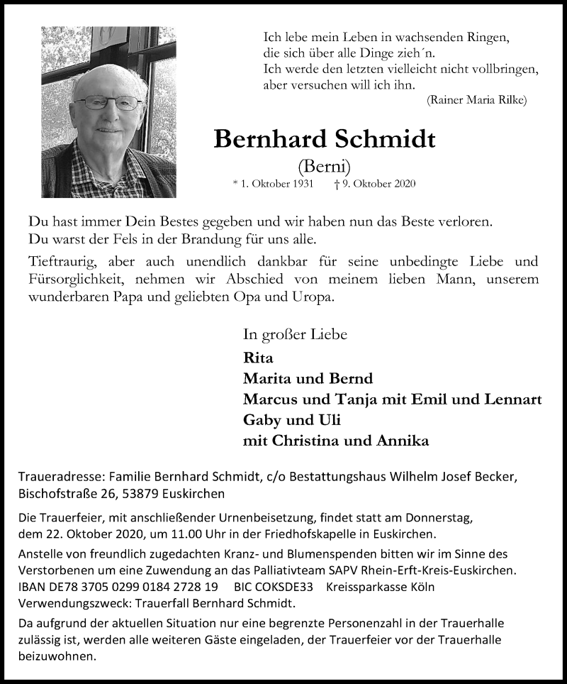  Traueranzeige für Bernhard Schmidt vom 17.10.2020 aus Kölner Stadt-Anzeiger / Kölnische Rundschau / Express