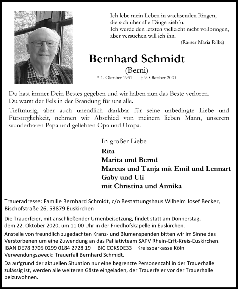  Traueranzeige für Bernhard Schmidt vom 17.10.2020 aus  Blickpunkt Euskirchen 