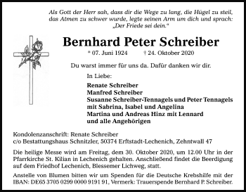 Anzeige von Bernhard Peter Schreiber von Kölner Stadt-Anzeiger / Kölnische Rundschau / Express