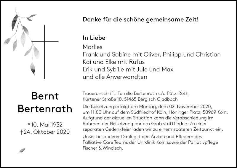  Traueranzeige für Bernt Bertenrath vom 31.10.2020 aus Kölner Stadt-Anzeiger / Kölnische Rundschau / Express