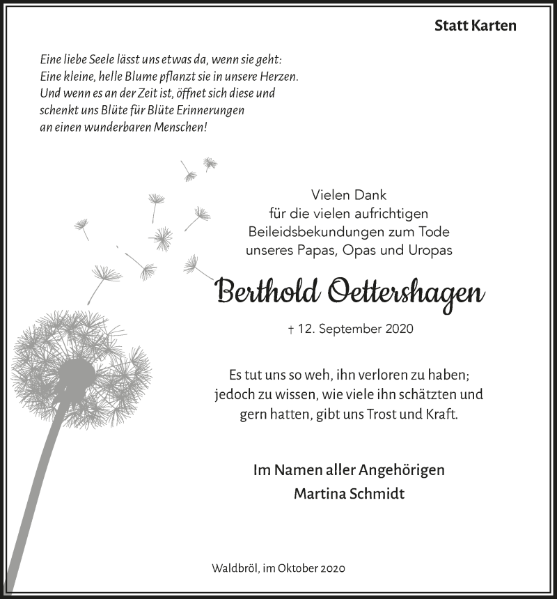  Traueranzeige für Berthold Oettershagen vom 30.10.2020 aus  Lokalanzeiger 