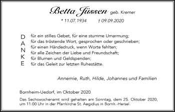 Anzeige von Betta Jüssen von  Schaufenster/Blickpunkt 
