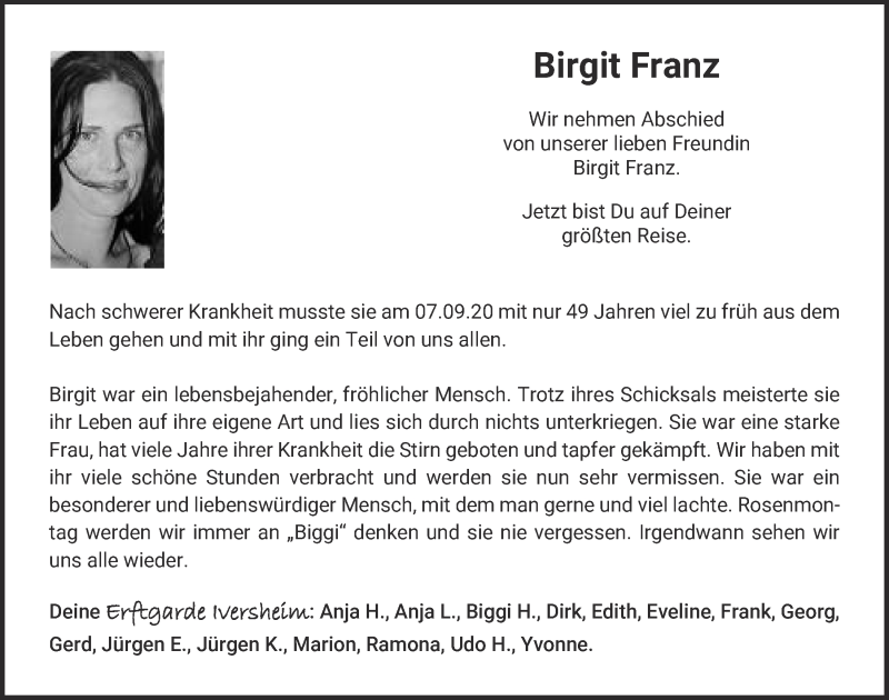  Traueranzeige für Birgit Franz vom 26.09.2020 aus  Blickpunkt Euskirchen 