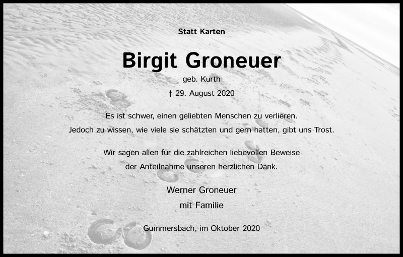  Traueranzeige für Birgit Groneuer vom 24.10.2020 aus Kölner Stadt-Anzeiger / Kölnische Rundschau / Express