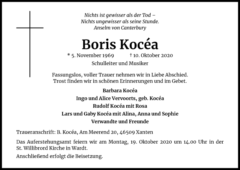  Traueranzeige für Boris Kocéa vom 16.10.2020 aus Kölner Stadt-Anzeiger / Kölnische Rundschau / Express