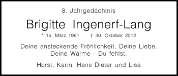 Anzeige von Brigitte Ingenerf-Lang von Kölner Stadt-Anzeiger / Kölnische Rundschau / Express