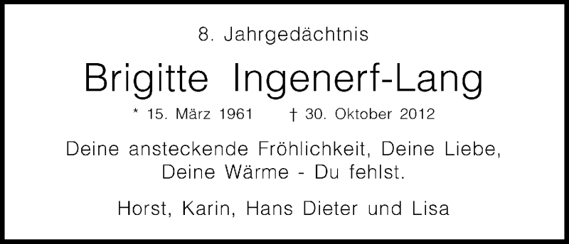  Traueranzeige für Brigitte Ingenerf-Lang vom 31.10.2020 aus Kölner Stadt-Anzeiger / Kölnische Rundschau / Express