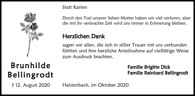  Traueranzeige für Brunhilde Bellingrodt vom 03.10.2020 aus Kölner Stadt-Anzeiger / Kölnische Rundschau / Express