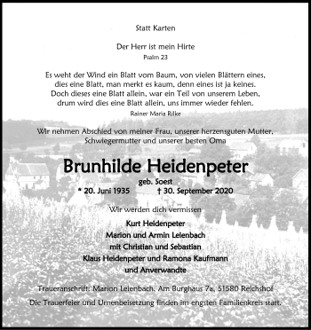 Anzeige von Brunhilde Heidenpeter von Kölner Stadt-Anzeiger / Kölnische Rundschau / Express