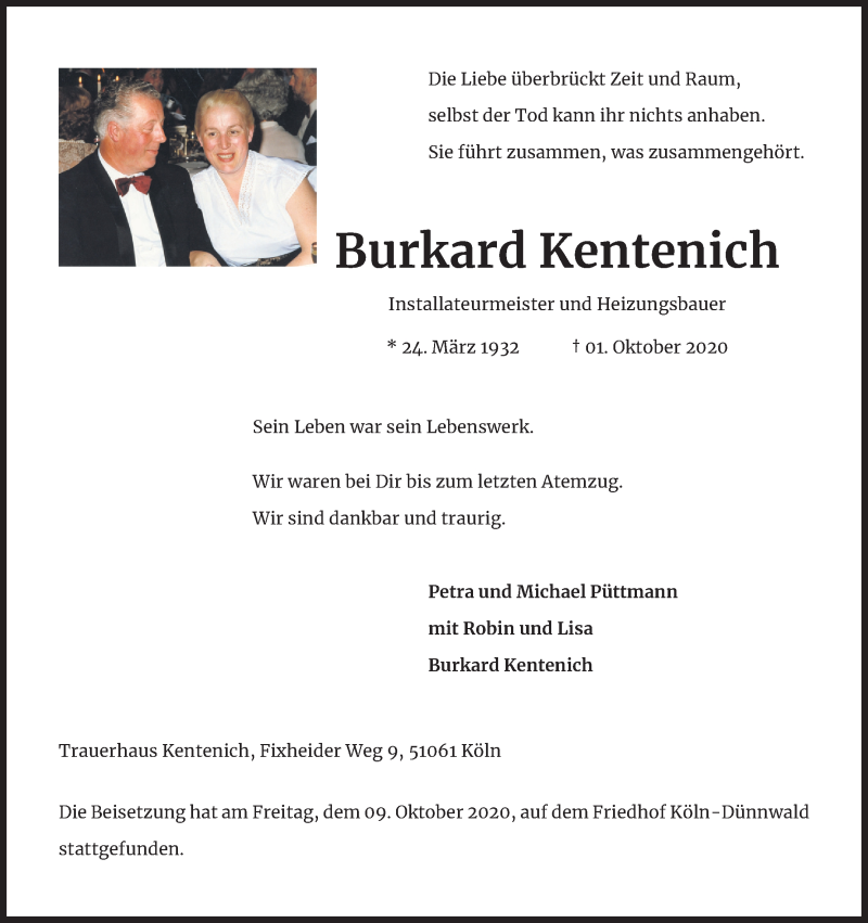  Traueranzeige für Burkard Kentenich vom 10.10.2020 aus Kölner Stadt-Anzeiger / Kölnische Rundschau / Express
