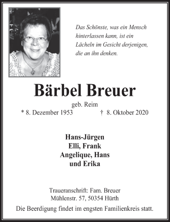 Anzeige von Bärbel Breuer von  Wochenende 