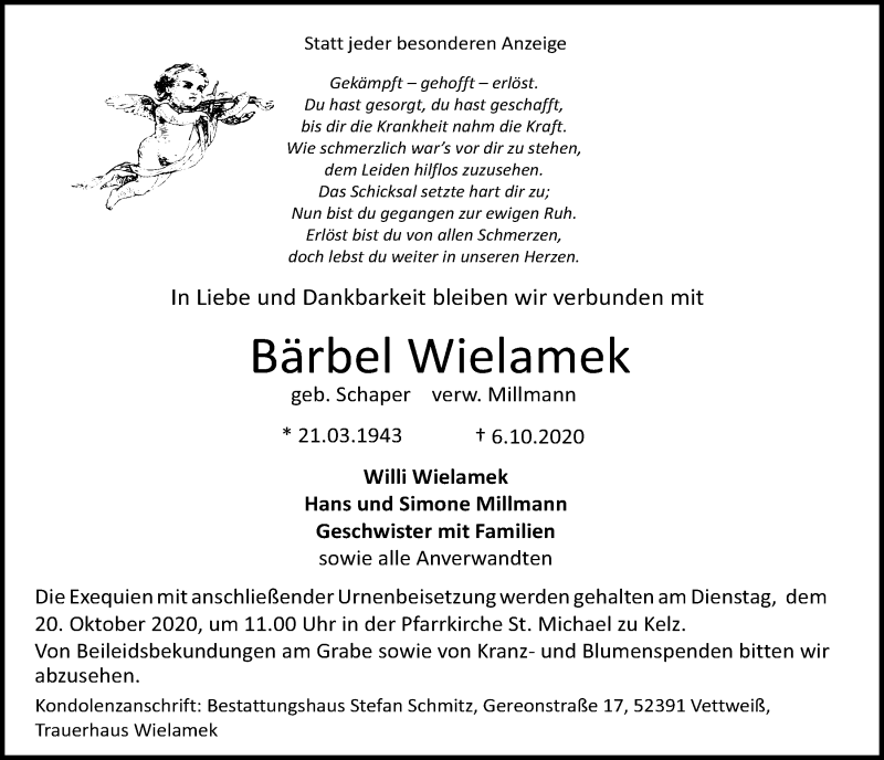  Traueranzeige für Bärbel Wielamek vom 17.10.2020 aus  Blickpunkt Euskirchen 