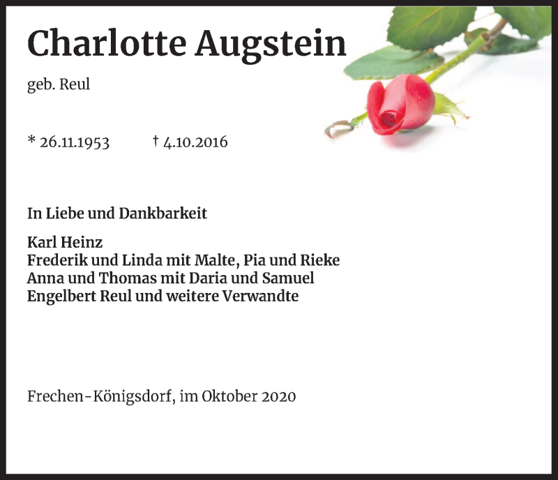  Traueranzeige für Charlotte Augstein vom 03.10.2020 aus Kölner Stadt-Anzeiger / Kölnische Rundschau / Express