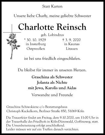 Anzeige von Charlotte Reinsch von Kölner Stadt-Anzeiger / Kölnische Rundschau / Express