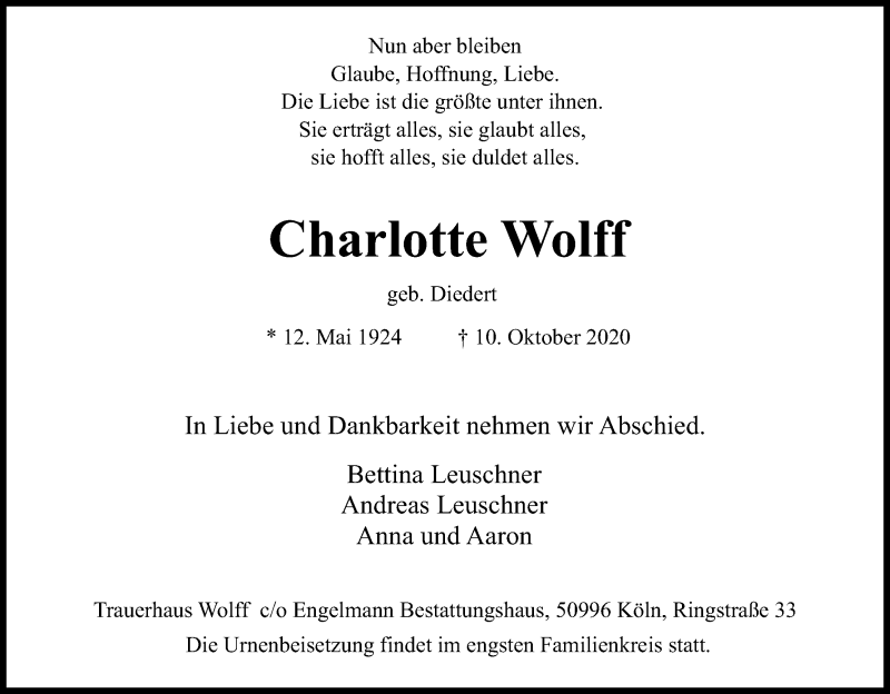  Traueranzeige für Charlotte Wolff vom 17.10.2020 aus Kölner Stadt-Anzeiger / Kölnische Rundschau / Express