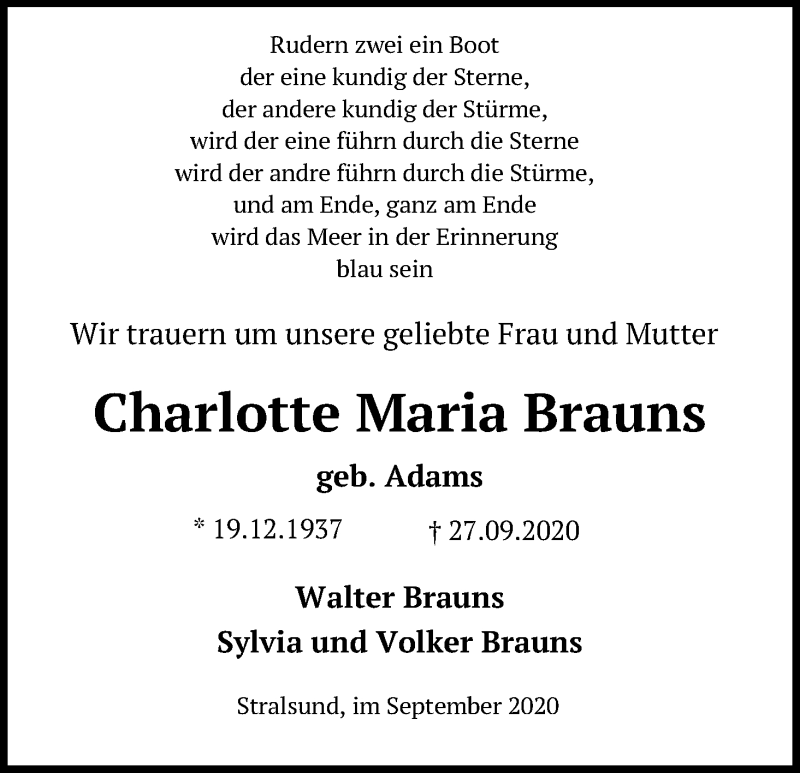  Traueranzeige für Charlotte Maria Brauns vom 03.10.2020 aus Kölner Stadt-Anzeiger / Kölnische Rundschau / Express
