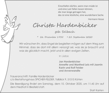 Anzeige von Christa Hardenbicker von Kölner Stadt-Anzeiger / Kölnische Rundschau / Express