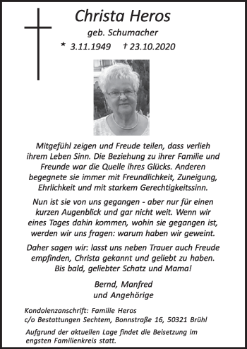 Anzeige von Christa Heros von  Schlossbote/Werbekurier 