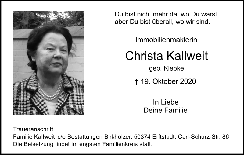  Traueranzeige für Christa Kallweit vom 31.10.2020 aus Kölner Stadt-Anzeiger / Kölnische Rundschau / Express